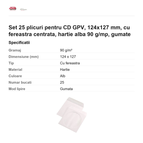 Set 25 plicuri pentru CD GPV, 124x127 mm, cu fereastra centrata, hartie alba 90 g/mp, gumate [2]