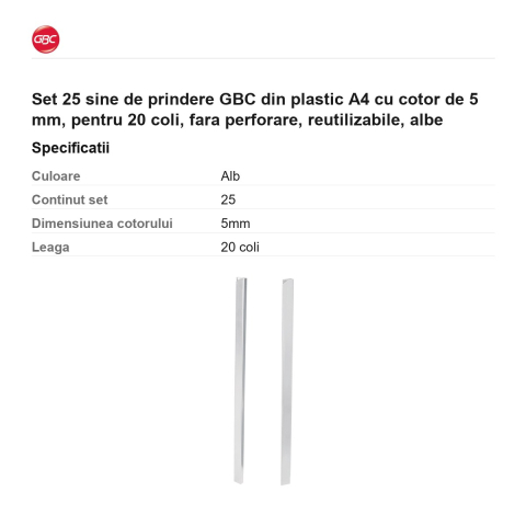 Set 25 sine de prindere GBC din plastic A4 cu cotor de 5 mm, pentru 20 coli, fara perforare, reutilizabile, albe [2]