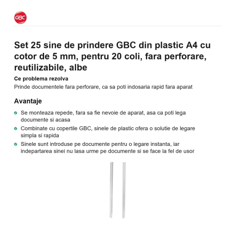 Set 25 sine de prindere GBC din plastic A4 cu cotor de 5 mm, pentru 20 coli, fara perforare, reutilizabile, albe [1]
