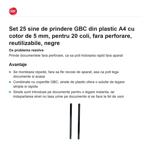 Set 25 sine de prindere GBC din plastic A4 cu cotor de 5 mm, pentru 20 coli, fara perforare, reutilizabile, negre [1]