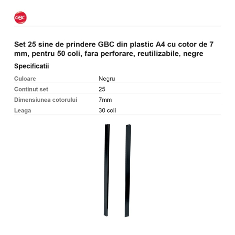 Set 25 sine de prindere GBC din plastic A4 cu cotor de 7 mm, pentru 50 coli, fara perforare, reutilizabile, negre [2]