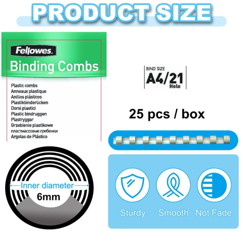 Set 25 Spire plastic 6mm alb pentru legat documente A4, 2-20 coli, Fellowes [1]