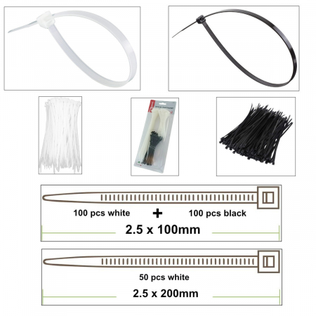 Set 250 bride zimtate din nailon, 2.5x100mm si 2.5x200m, cu autoblocare, tip colier, Xtreme CT250BW 06830, pentru fixare si legare, albe cu negre [1]