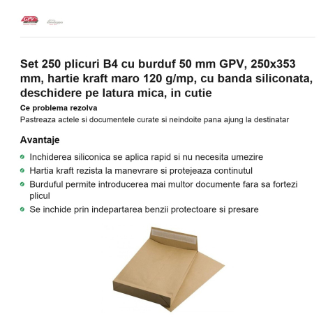 Set 250 plicuri B4 cu burduf 50 mm GPV, 250x353 mm, hartie kraft maro 120 g/mp, cu banda siliconata, deschidere pe latura mica, in cutie [1]
