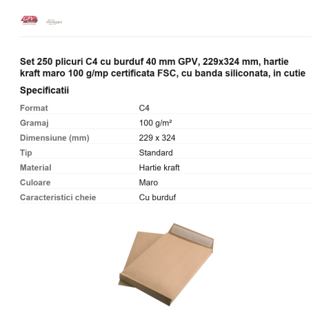 Set 250 plicuri C4 cu burduf 40 mm GPV, 229x324 mm, hartie kraft maro 100 g/mp certificata FSC, cu banda siliconata, in cutie [2]