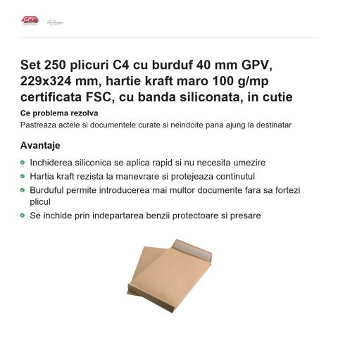 Set 250 plicuri C4 cu burduf 40 mm GPV, 229x324 mm, hartie kraft maro 100 g/mp certificata FSC, cu banda siliconata, in cutie [1]