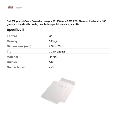 Set 250 plicuri C4 cu fereastra dreapta 50x100 mm GPV, 229x324 mm, hartie alba 100 g/mp, cu banda siliconata, deschidere pe latura mica, in cutie [2]