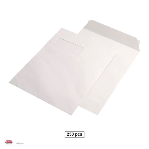 Birotica papetarie - Set 250 plicuri C4 cu fereastra stanga 50x100 mm GPV, 229x324 mm, hartie alba 100 g/mp, cu banda siliconata, deschidere pe latura mica, in cutie