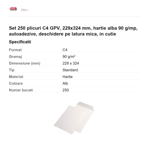 Set 250 plicuri C4 GPV, 229x324 mm, hartie alba 90 g/mp, autoadezive, deschidere pe latura mica, in cutie [2]