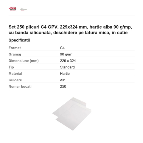 Set 250 plicuri C4 GPV, 229x324 mm, hartie alba 90 g/mp, cu banda siliconata, deschidere pe latura mica, in cutie [2]