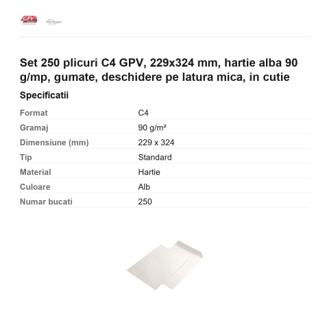 Set 250 plicuri C4 GPV, 229x324 mm, hartie alba 90 g/mp, gumate, deschidere pe latura mica, in cutie [2]