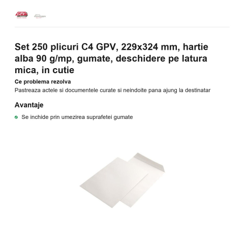 Set 250 plicuri C4 GPV, 229x324 mm, hartie alba 90 g/mp, gumate, deschidere pe latura mica, in cutie [1]