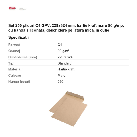 Set 250 plicuri C4 GPV, 229x324 mm, hartie kraft maro 90 g/mp, cu banda siliconata, deschidere pe latura mica, in cutie [2]