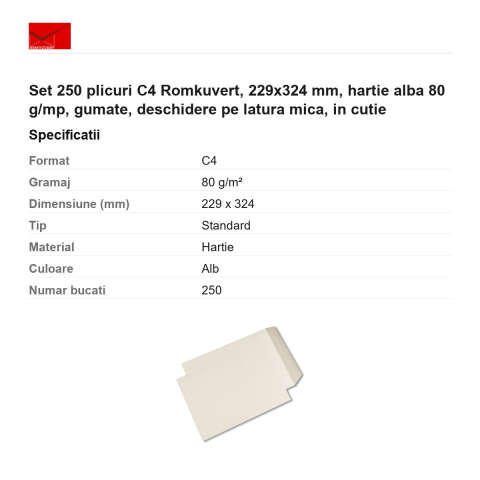 Set 250 plicuri C4 Romkuvert, 229x324 mm, hartie alba 80 g/mp, gumate, deschidere pe latura mica, in cutie [2]