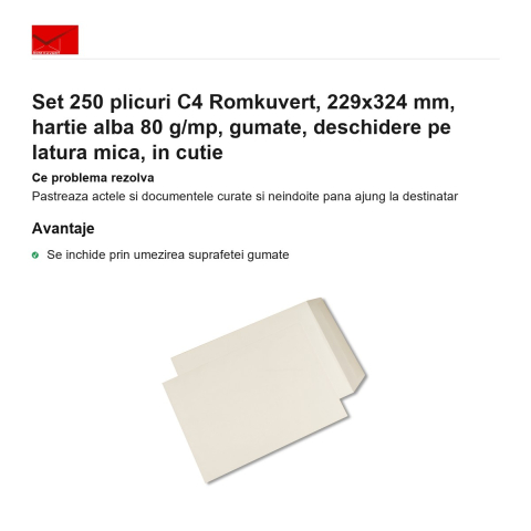 Set 250 plicuri C4 Romkuvert, 229x324 mm, hartie alba 80 g/mp, gumate, deschidere pe latura mica, in cutie [1]
