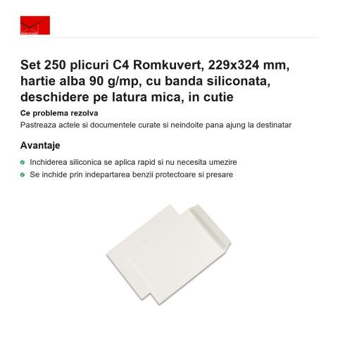 Set 250 plicuri C4 Romkuvert, 229x324 mm, hartie alba 90 g/mp, cu banda siliconata, deschidere pe latura mica, in cutie [1]