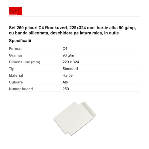 Set 250 plicuri C4 Romkuvert, 229x324 mm, hartie alba 90 g/mp, cu banda siliconata, deschidere pe latura mica, in cutie [2]