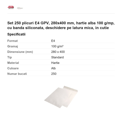 Set 250 plicuri E4 GPV, 280x400 mm, hartie alba 100 g/mp, cu banda siliconata, deschidere pe latura mica, in cutie [2]