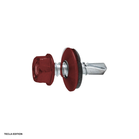 Suruburi, dibluri si accesorii prindere - Set 250 suruburi autoforante pentru tabla si acoperis, 4.8x35 mm, cu saiba EPDM, rosu oxid, fixeaza tabla de pe acoperis fara ca apa sa intre pe la surub
