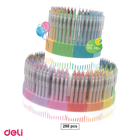 Pixuri - Set 288 pixuri cu gel Deli G118 Delight, cu mecanism, varf 0.5 mm, 24 culori, in display