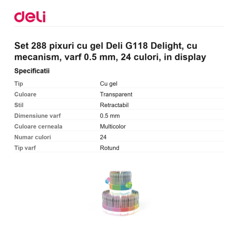 Set 288 pixuri cu gel Deli G118 Delight, cu mecanism, varf 0.5 mm, 24 culori, in display [2]