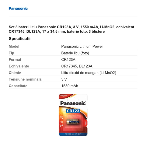 Set 3 baterii litiu Panasonic CR123A, 3 V, 1550 mAh, Li-MnO2, echivalent CR17345, DL123A, 17 x 34.5 mm, baterie foto, 3 blistere [2]