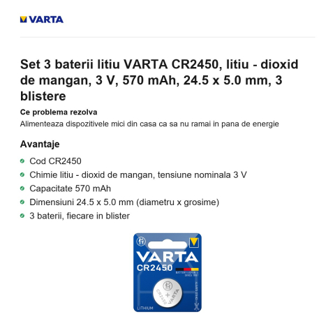 Set 3 baterii litiu VARTA CR2450, litiu - dioxid de mangan, 3 V, 570 mAh, 24.5 x 5.0 mm, 3 blistere [1]