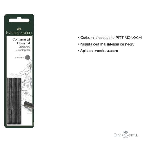 Set 3 batoane carbune presat Faber-Castell Pitt Monochrome Medium, negru intens, pentru desen artistic [2]