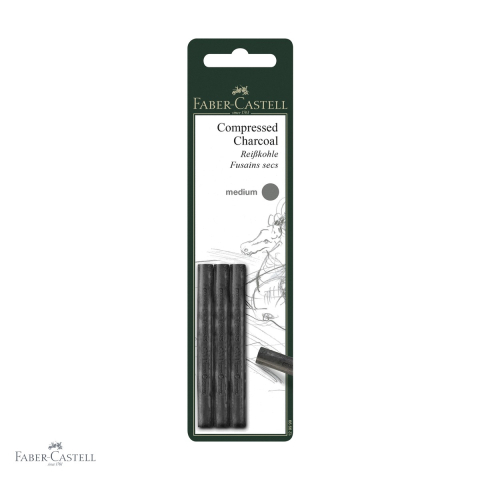 Desen grafit si carbune - Set 3 batoane carbune presat Faber-Castell Pitt Monochrome Medium, negru intens, pentru desen artistic