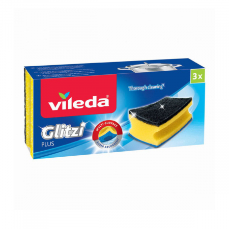 Bureti si spalatoare - Set 3 bureti Vileda Glitzi Plus Sponge 00144, 88 x 68 x 45 mm, super absorbanti