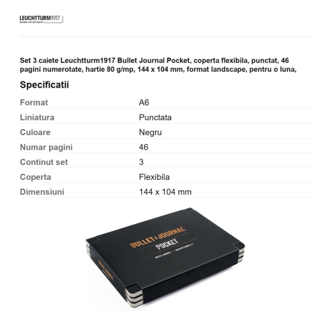 Set 3 caiete Leuchtturm1917 Bullet Journal Pocket, coperta flexibila, punctat, 46 pagini numerotate, hartie 80 g/mp, 144 x 104 mm, format landscape, pentru o luna, negru [2]