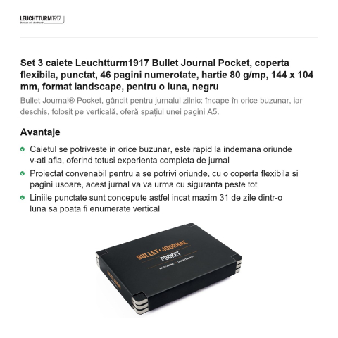 Set 3 caiete Leuchtturm1917 Bullet Journal Pocket, coperta flexibila, punctat, 46 pagini numerotate, hartie 80 g/mp, 144 x 104 mm, format landscape, pentru o luna, negru [1]