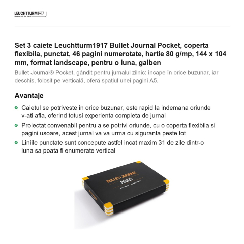 Set 3 caiete Leuchtturm1917 Bullet Journal Pocket, coperta flexibila, punctat, 46 pagini numerotate, hartie 80 g/mp, 144 x 104 mm, format landscape, pentru o luna, galben [1]