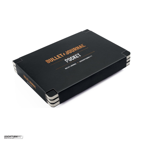 Caiete - Set 3 caiete Leuchtturm1917 Bullet Journal Pocket, coperta flexibila, punctat, 46 pagini numerotate, hartie 80 g/mp, 144 x 104 mm, format landscape, pentru o luna, negru
