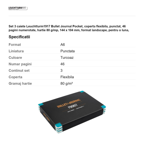 Set 3 caiete Leuchtturm1917 Bullet Journal Pocket, coperta flexibila, punctat, 46 pagini numerotate, hartie 80 g/mp, 144 x 104 mm, format landscape, pentru o luna, turcoaz [2]