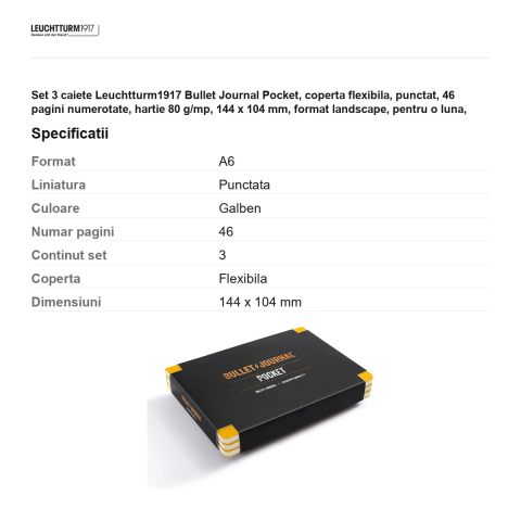 Set 3 caiete Leuchtturm1917 Bullet Journal Pocket, coperta flexibila, punctat, 46 pagini numerotate, hartie 80 g/mp, 144 x 104 mm, format landscape, pentru o luna, galben [2]
