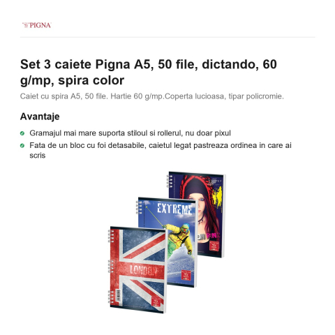 Set 3 caiete Pigna A5, 50 file, dictando, 60 g/mp, spira color [1]