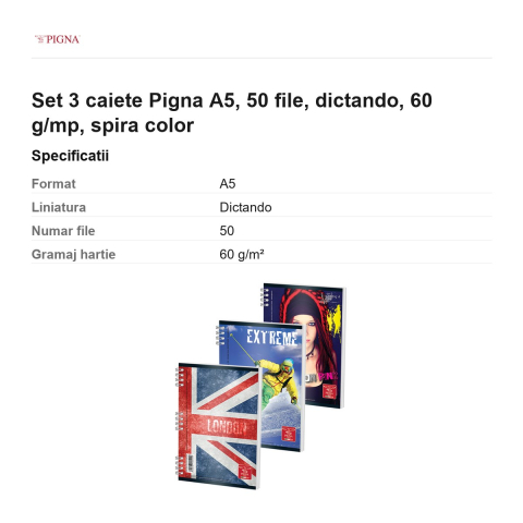 Set 3 caiete Pigna A5, 50 file, dictando, 60 g/mp, spira color [2]