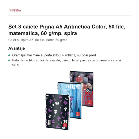Set 3 caiete Pigna A5 Aritmetica Color, 50 file, matematica, 60 g/mp, spira [1]