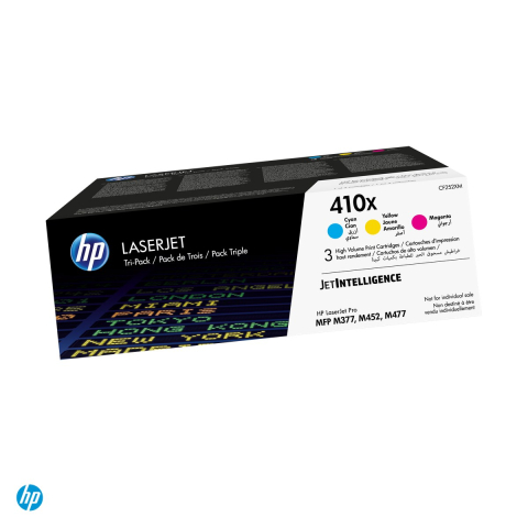 Tonere laser - Set 3 cartuse toner HP 410X, capacitate mare, randament aproximativ 5.000 de pagini per cartus, pentru HP Color LaserJet Pro M452, MFP M377, M477, cyan, magenta si galben, CF252XM