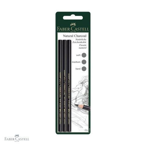Desen grafit si carbune - Set 3 creioane carbune natural Faber-Castell Pitt Monochrome, tarii S/M/H, pentru desen artistic