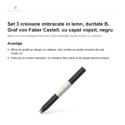 Set 3 creioane imbracate in lemn, duritate B, Graf von Faber Castell, cu capat vopsit, negru [1]