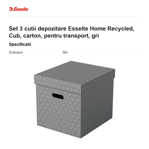 Set 3 cutii depozitare Esselte Home Recycled, Cub, carton, pentru transport, gri [2]