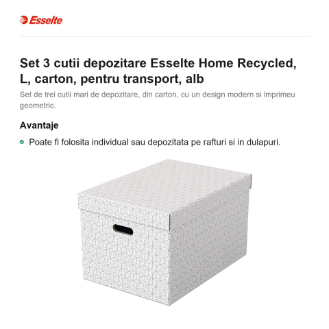 Set 3 cutii depozitare Esselte Home Recycled, L, carton, pentru transport, alb [1]