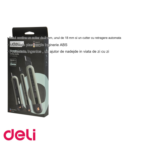 Set 3 cuttere Deli Home Series, lame inox innegrite 9mm/18mm/retragere automata, pentru uz casnic si birou [2]