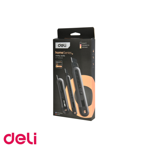Cuttere si lame de rezerva - Set 3 cuttere negre Deli Home Series, sina metalica, lame inox, 9mm/18mm/retragere automata, pentru uz casnic si birou