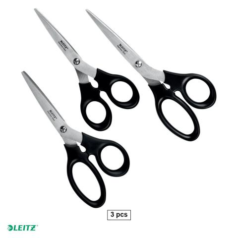 Unelte de mana - Set 3 foarfece de birou Leitz din otel inoxidabil, 16.5 cm, 18.5 cm si 20 cm, negru