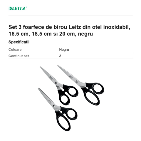 Set 3 foarfece de birou Leitz din otel inoxidabil, 16.5 cm, 18.5 cm si 20 cm, negru [2]