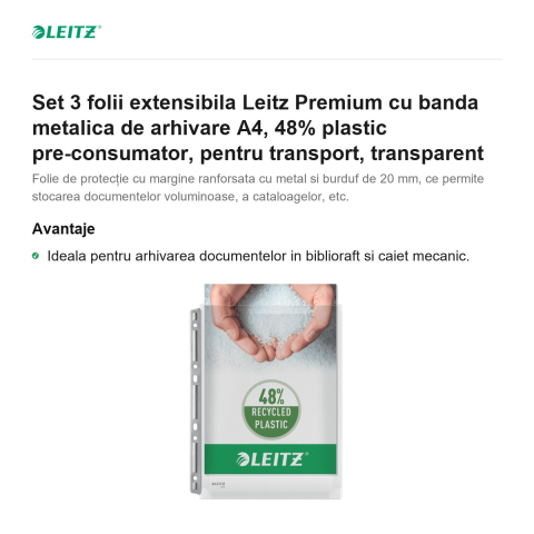 Set 3 folii extensibila Leitz Premium cu banda metalica de arhivare A4, 48% plastic pre-consumator, pentru transport, transparent [1]