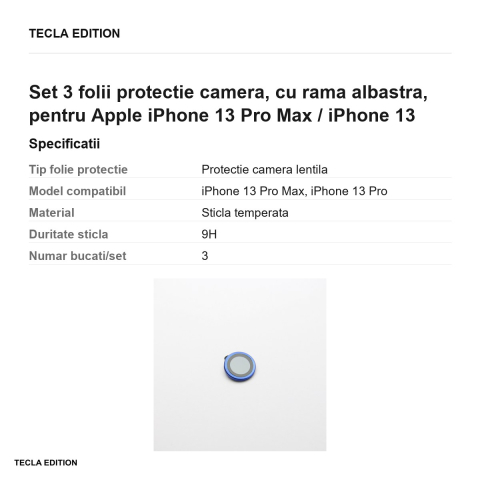 Set 3 folii protectie camera, cu rama albastra, pentru Apple iPhone 13 Pro Max / iPhone 13 Pro [2]